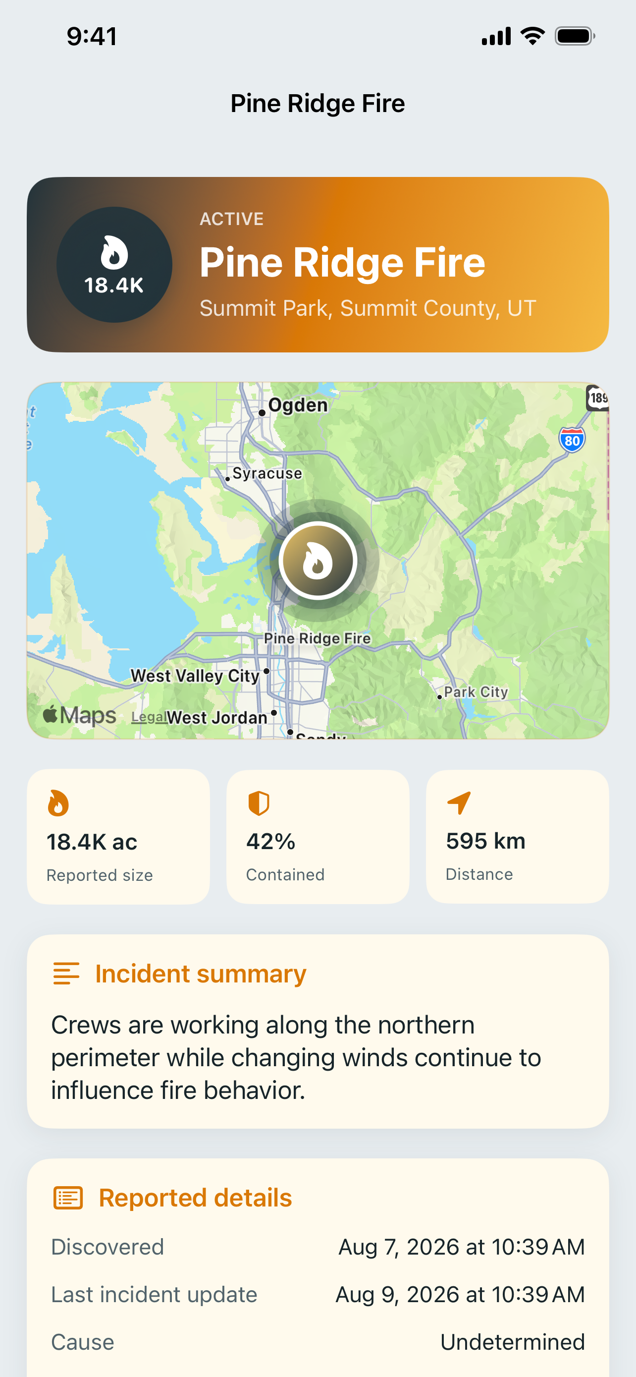 Incendio incident detail screen with acreage, containment, map, and source context