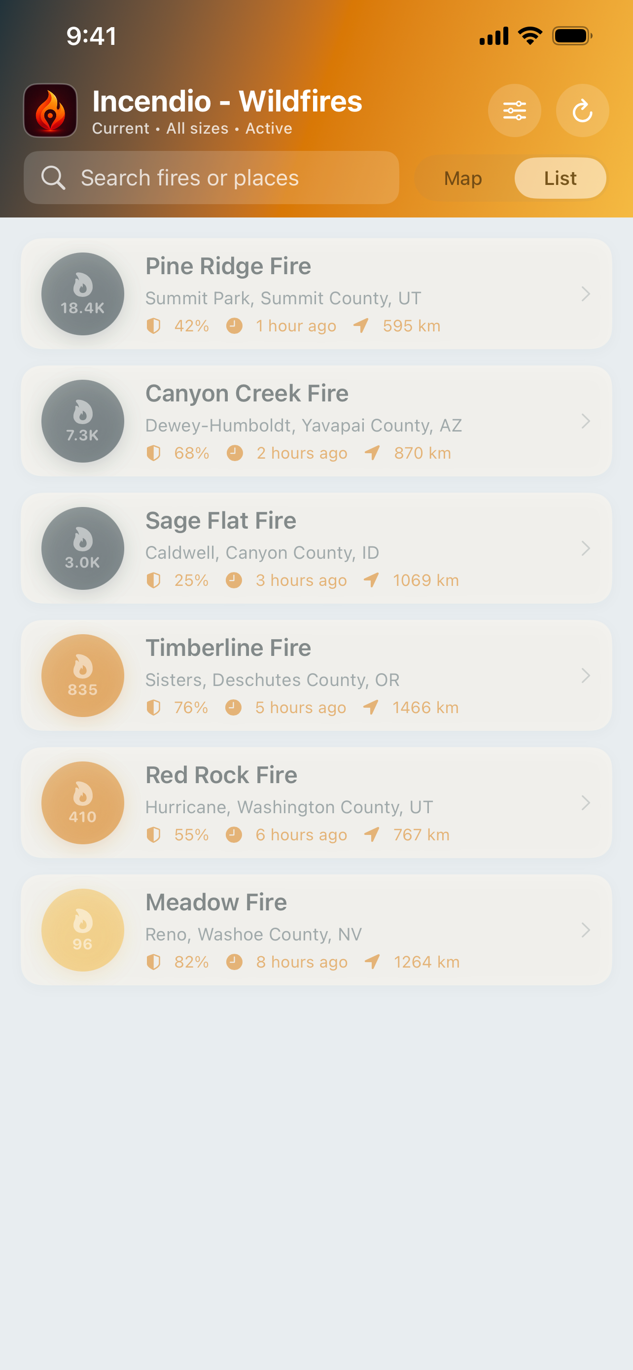 Incendio list showing reported acreage, containment, and update times