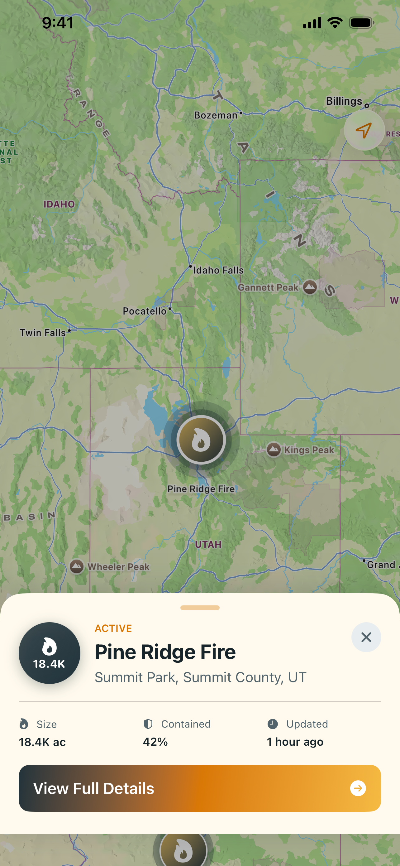 Incendio incident card over the wildfire map