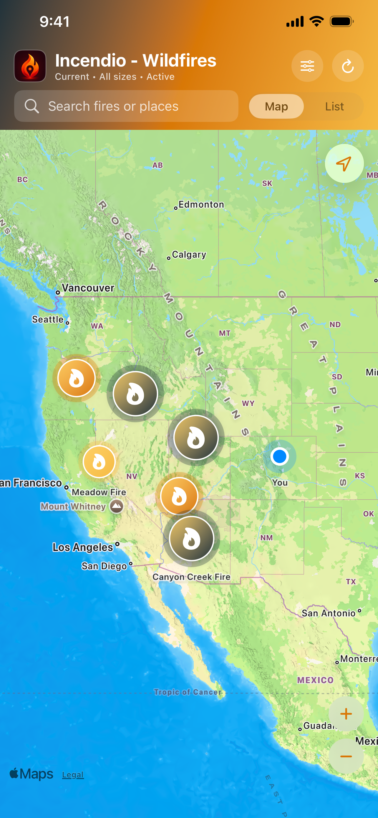 Incendio map showing reported wildfires across the western United States
